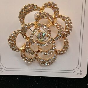 Gold Tone and Crystal Floral Brooch